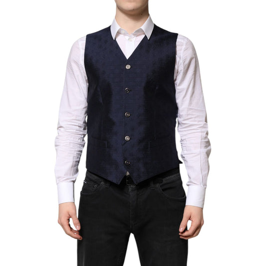Dolce & Gabbana Dark Blue Logo Wool Formal Men Waistcoat Vest