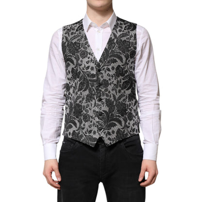 Dolce & Gabbana Black Gray Brocade Formal Men Waistcoat Vest