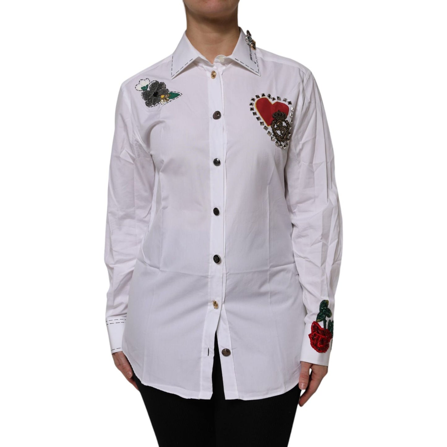 Dolce & Gabbana White Cotton Floral Embellished Shirt Top Dolce & Gabbana