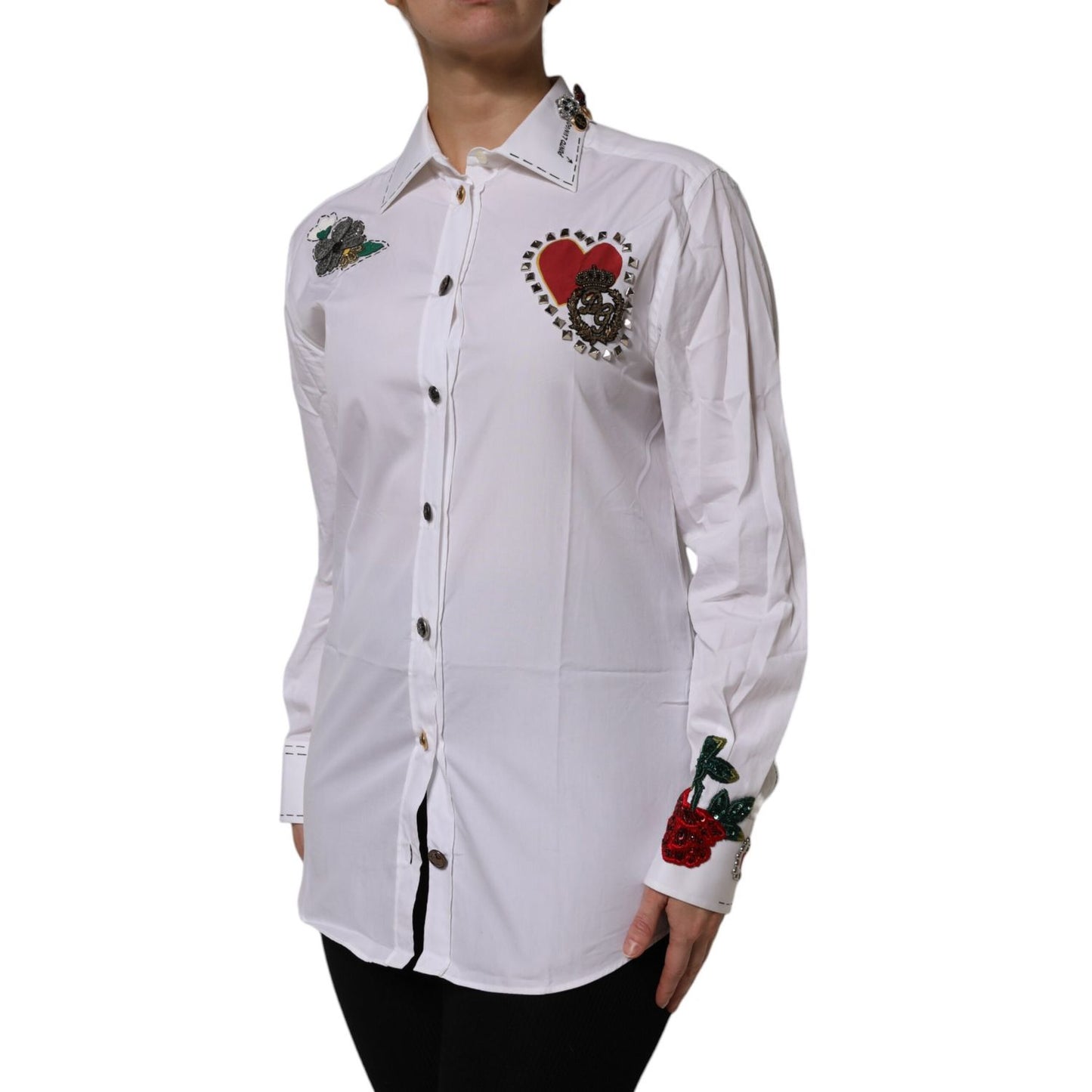 Dolce & Gabbana White Cotton Floral Embellished Shirt Top Dolce & Gabbana