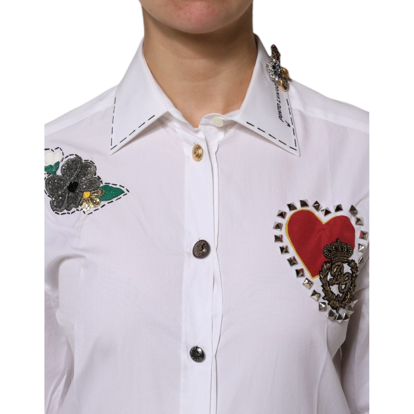 Dolce & Gabbana White Cotton Floral Embellished Shirt Top Dolce & Gabbana