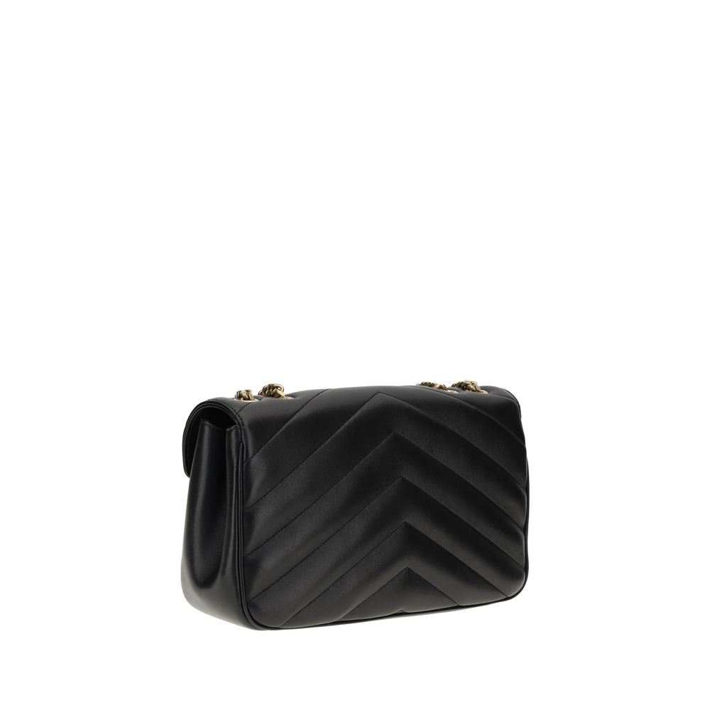 Saint Laurent Black Calf Leather Bos Taurus Shoulder Bag with quilted design and brass logo, back view.