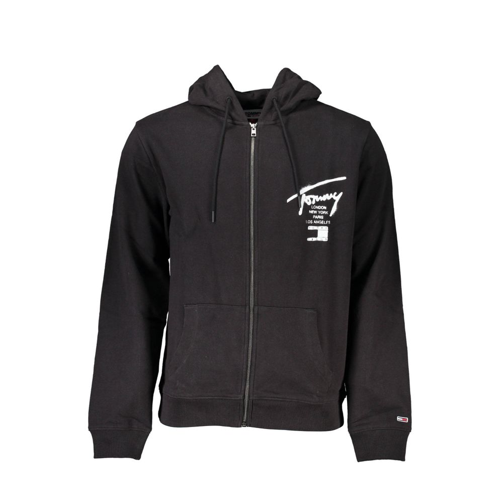 Tommy Hilfiger Black Cotton Men Sweater with Hood and Zip Pockets