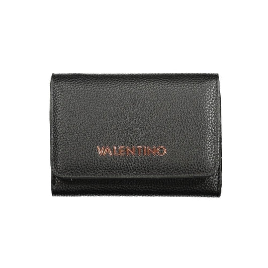 Mario Valentino Black Polyethylene Wallet with logo, featuring 3 compartments, coin purse, card spaces, zip closure, and recycled material.