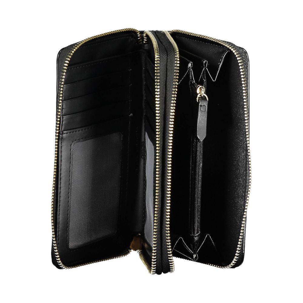 Open view of Mario Valentino Black Polyethylene Women Wallet showing interior compartments and zip closure.