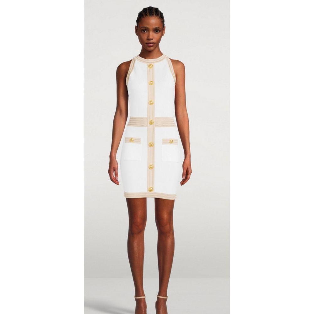Balmain White Viscose Women Dress with Faux Gold Buttons