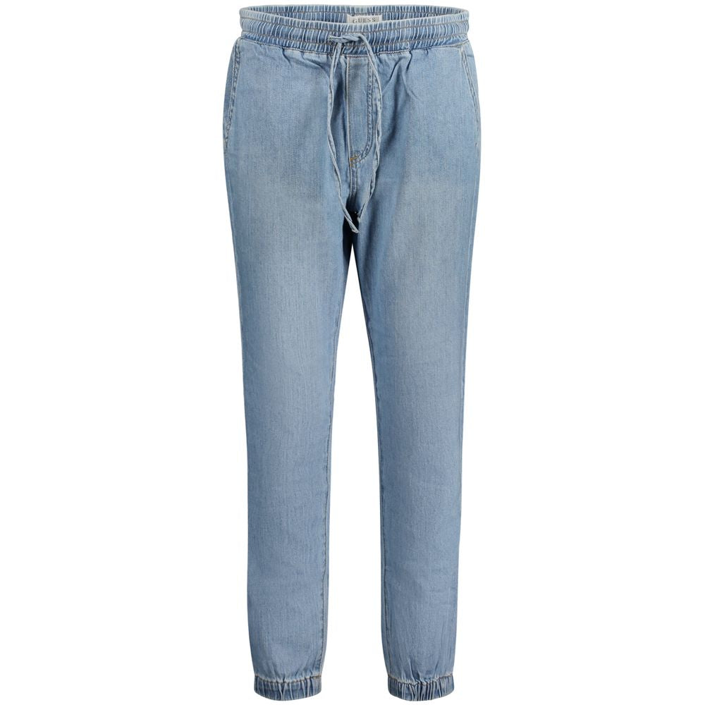 Guess Jeans Blue Cotton Women Jeans with elastic waist and ankles, stylish laces, and modern fit, perfect for chic sneakers or heels.