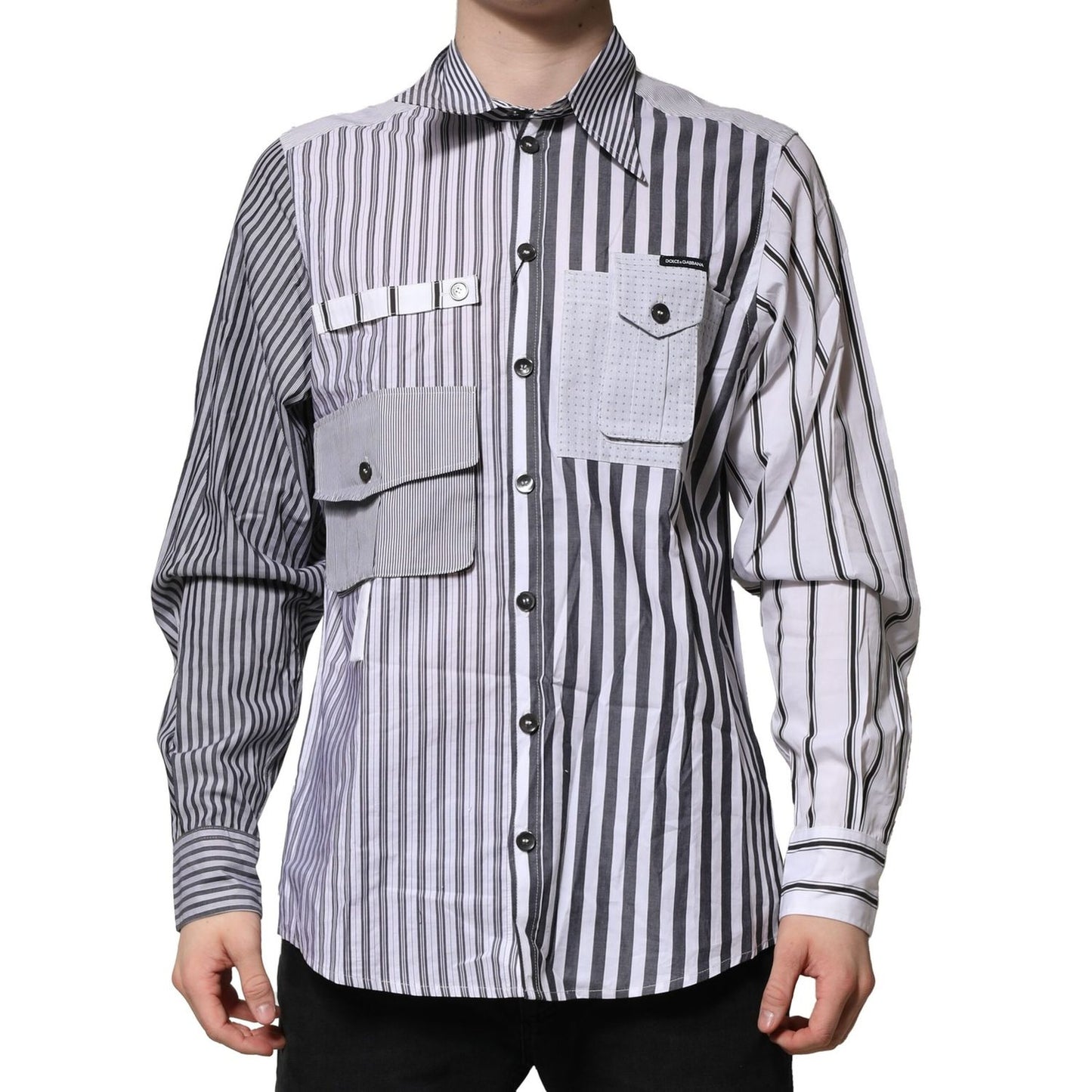 Dolce & Gabbana White Gray Striped Cotton Men Casual Shirt Dolce & Gabbana