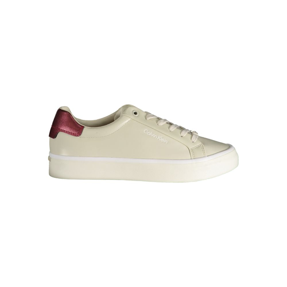 Calvin Klein Beige Polyester Sneaker with laces, contrast details displaying logo print, side view.