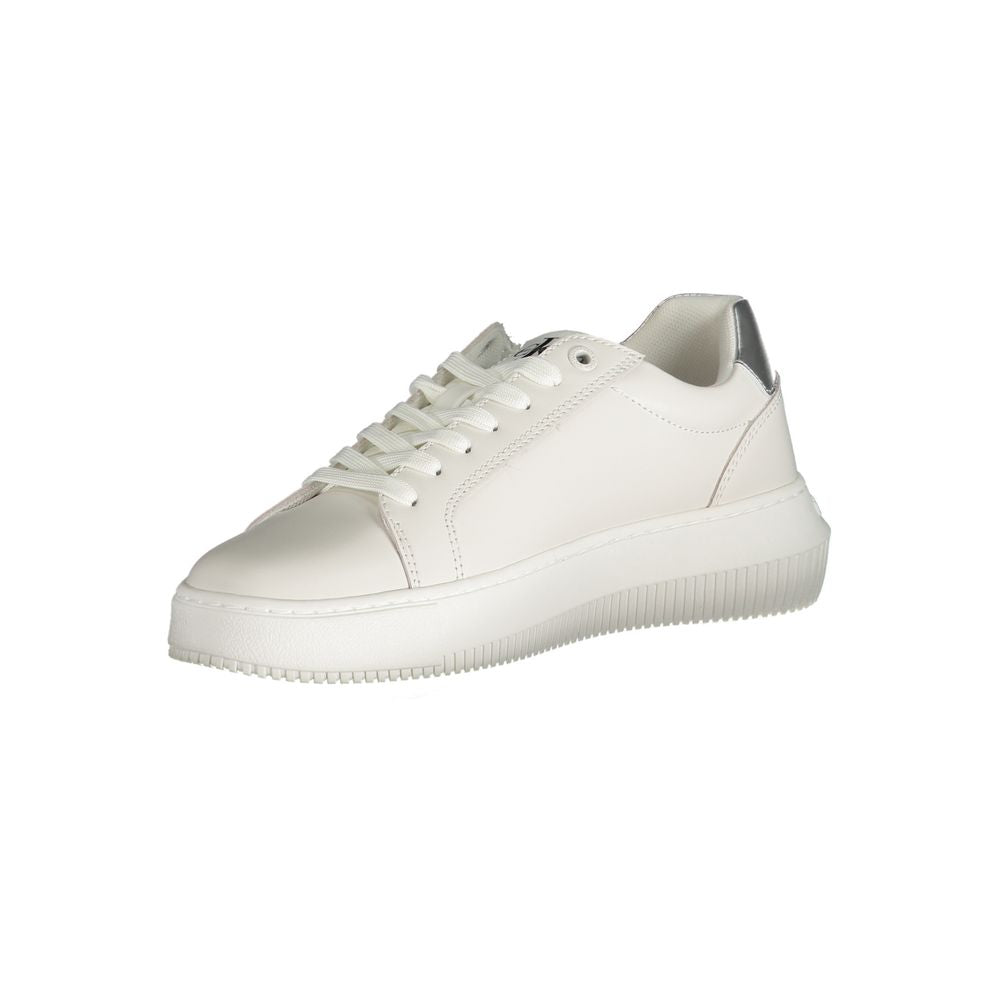 Calvin Klein White Polyester Sneaker with laces and contrast details, featuring logo print and recycled thermoplastic rubber sole.