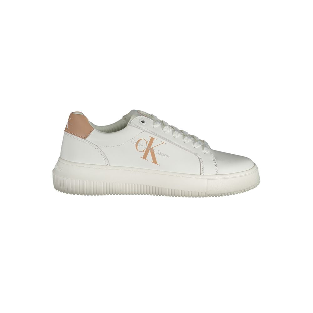 Calvin Klein White Leather Women Sneaker with pink accents, iconic CK logo, and sustainable materials for a stylish eco-friendly choice.