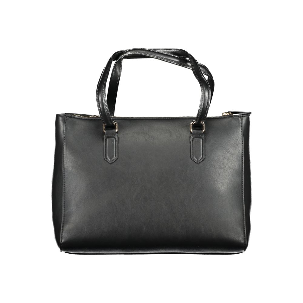 Mario Valentino Black Polyethylene Women Handbag with sleek design and logo on display, featuring zip closure and two internal pockets.