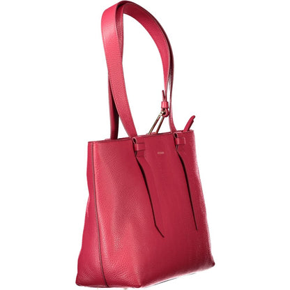 Coccinelle Red Leather Women Handbag with dual shoulder handles, zip closure, and logo detailing.