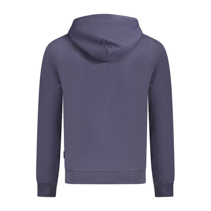Back view of Napapijri Blue Cotton Men Sweater with hood, showcasing casual style and brushed texture.