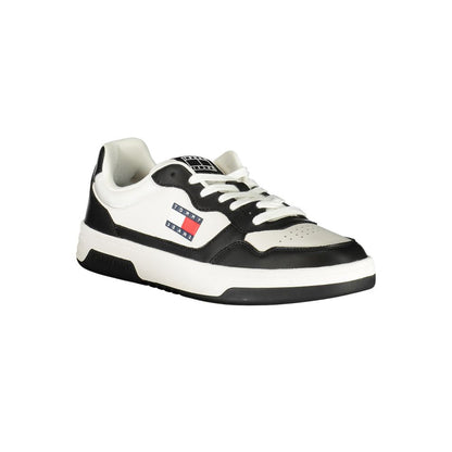 Tommy Hilfiger Black Leather Men Sneaker with white details, side view showcasing the iconic branding, athletic elegance and comfort.