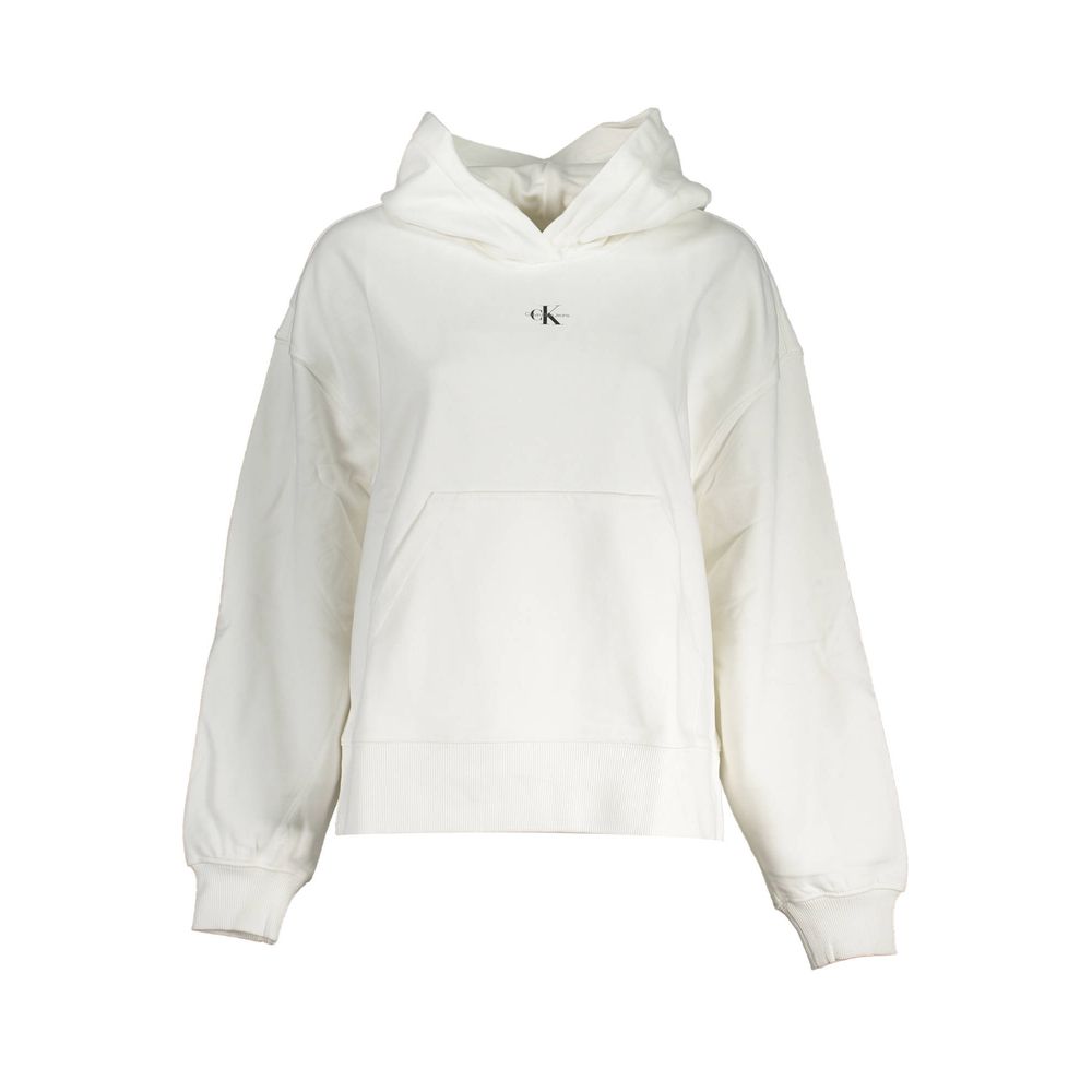 Calvin Klein White Cotton Women Sweater with hood and pocket, made from 100% recycled cotton, featuring subtle CK branding.