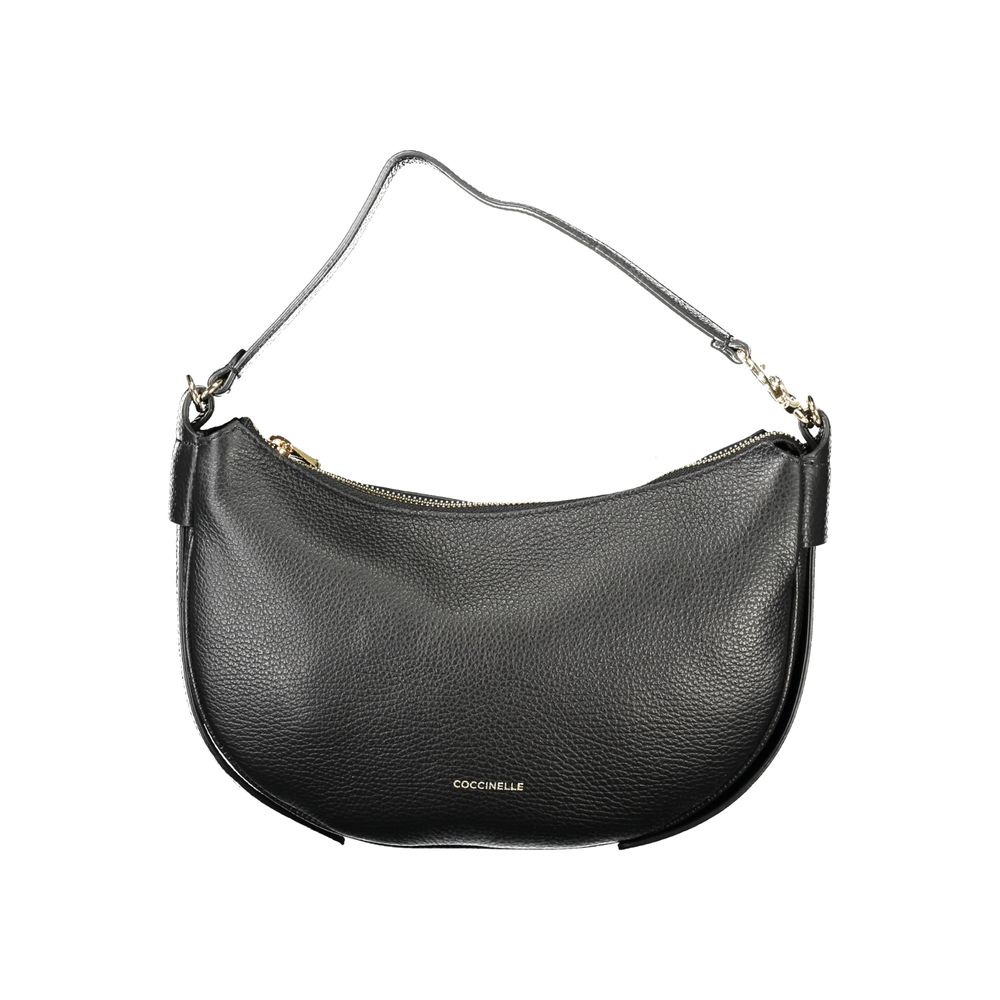 Coccinelle Black Leather Handbag with adjustable strap, shoulder handle, internal pocket, and logo.