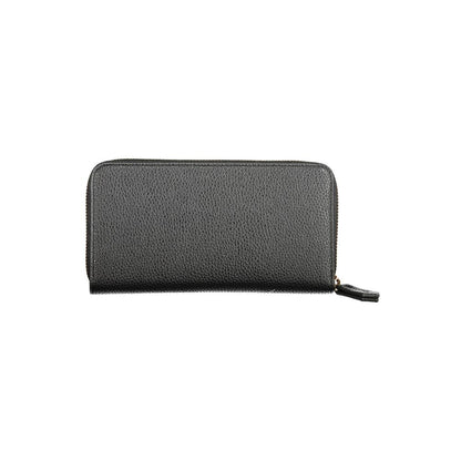 Mario Valentino Black Polyethylene Wallet with zip closure, features 6 compartments, coin purse, and double card spaces, made from recycled materials.