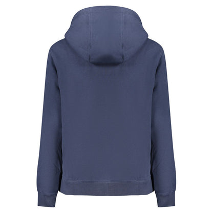 Back view of Tommy Hilfiger Blue Cotton Women Sweater with hood, showcasing sustainable design and iconic branding.