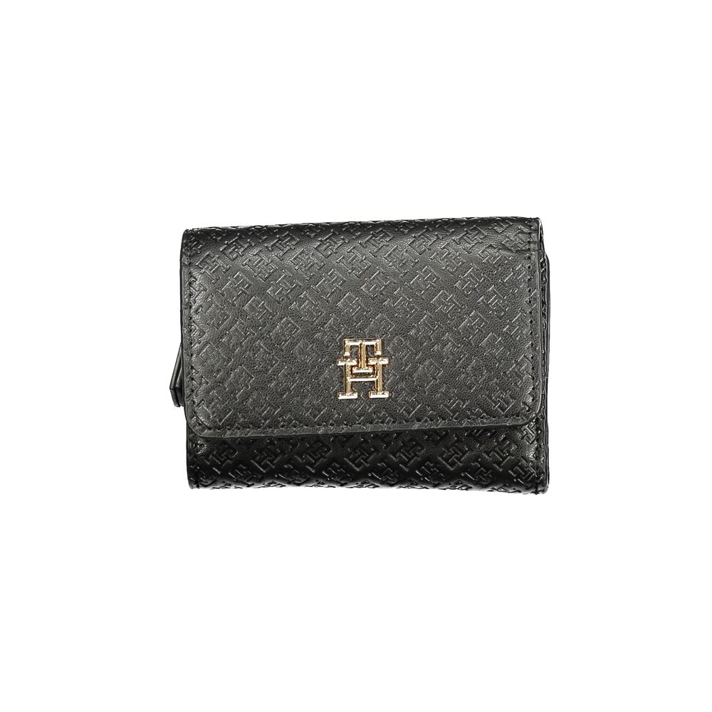 Tommy Hilfiger Black Polyethylene Women Wallet with embossed logo design, featuring a compact style and secure closure.