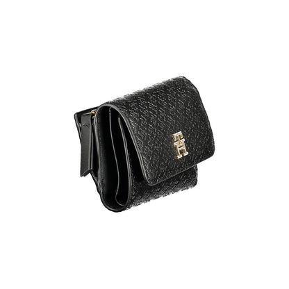 Tommy Hilfiger Black Polyethylene Women Wallet with elegant texture and gold accent, featuring advanced secure closures.