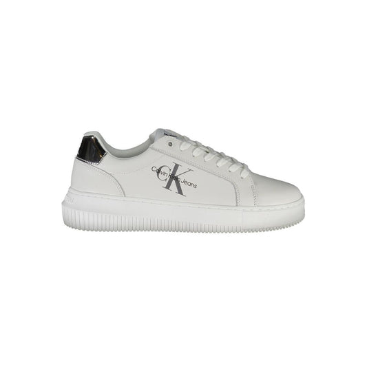 Calvin Klein White Polyester Sneaker with logo, contrasting details, and recycled polyester material, perfect sports shoe for style and comfort.