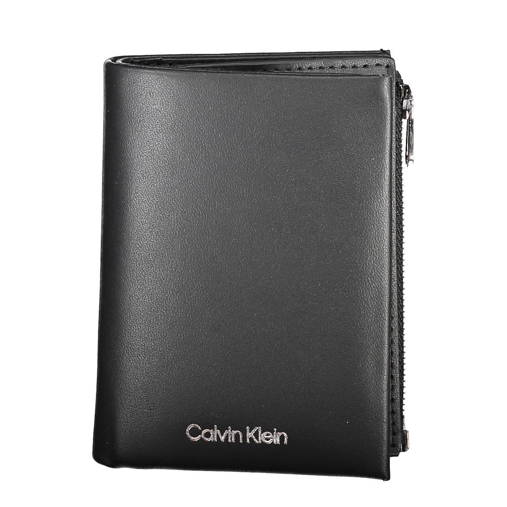 Calvin Klein Black Leather Men Wallet showcasing sleek design and durable leather with card compartments and coin purse.