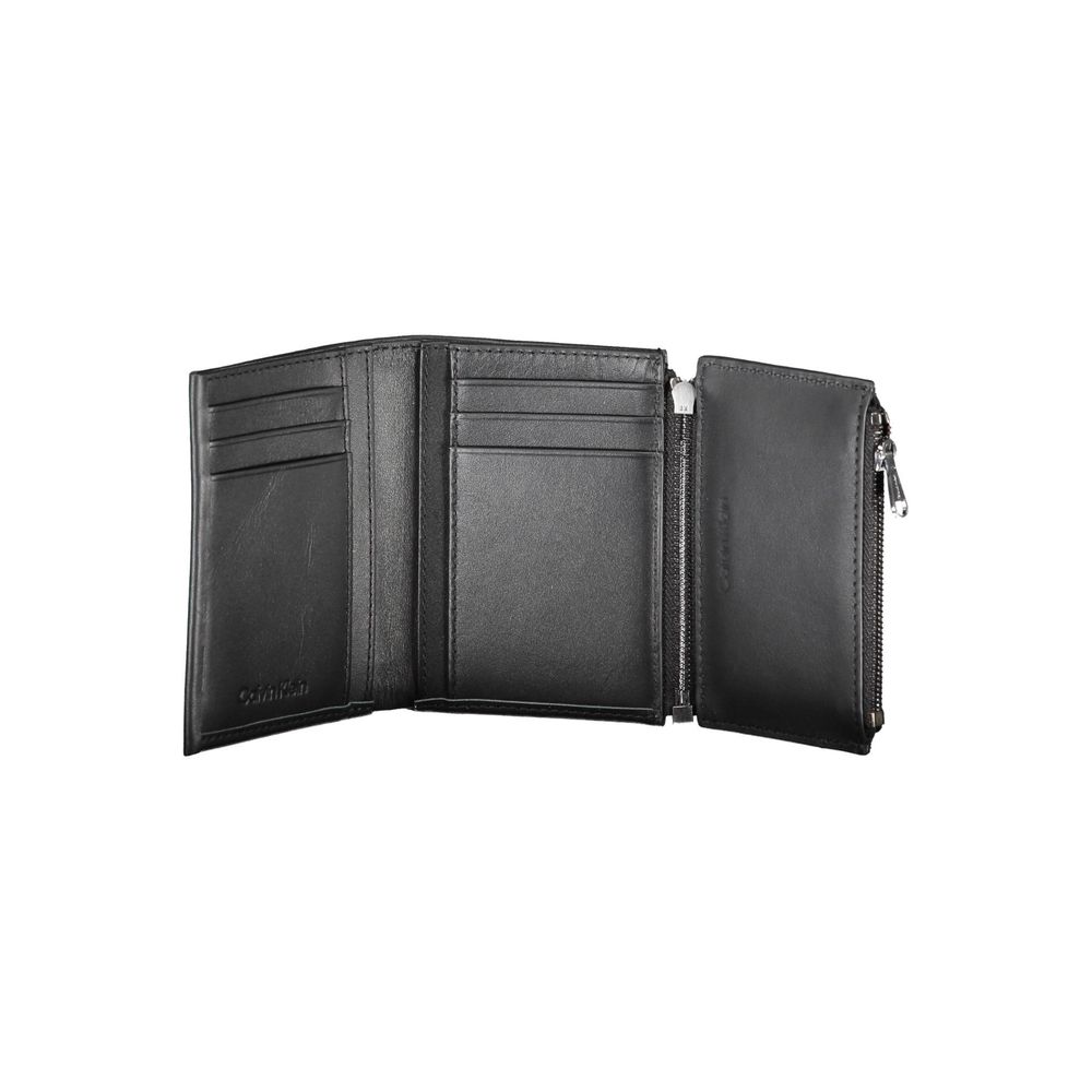 Calvin Klein Black Leather Men Wallet open view, showcasing card compartments and zippered coin purse for organized storage.
