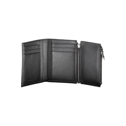 Calvin Klein Black Leather Men Wallet open view, showcasing card compartments and zippered coin purse for organized storage.