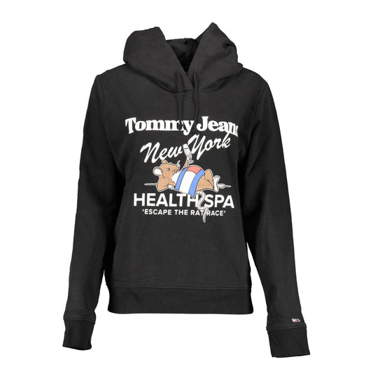 Tommy Hilfiger Black Cotton Women Sweater with logo and print details, featuring long sleeves and casual hoodie design.