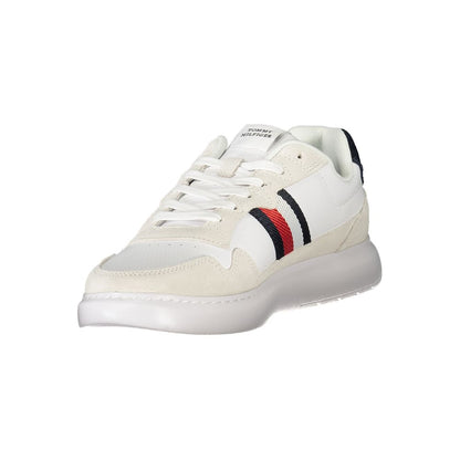 Tommy Hilfiger White Leather Men Sneaker with embroidered logo and contrasting details for style and comfort.