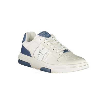 Tommy Hilfiger White Leather Men Sneaker with blue accents and logo, offering style and customizable comfort for the fashion-forward.