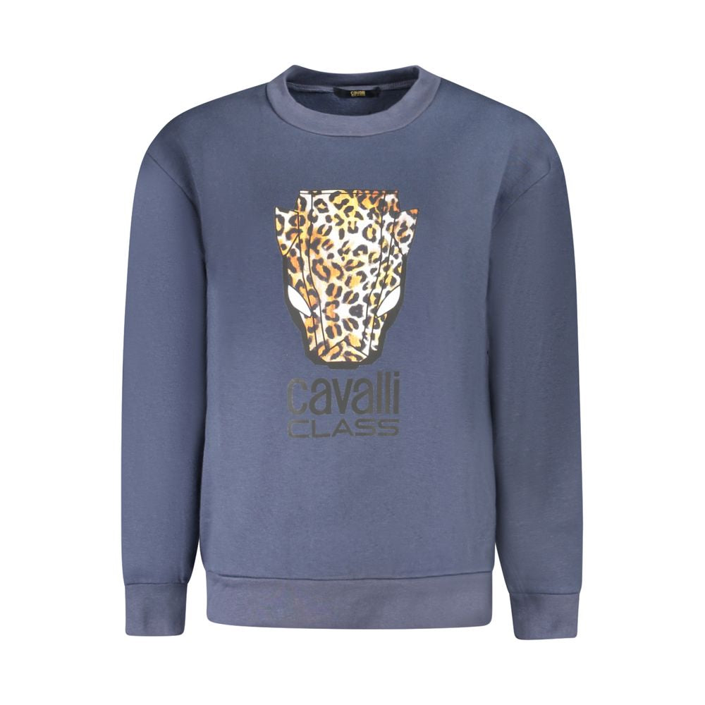 Cavalli Class Blue Cotton Women Sweater featuring bold leopard print and logo for a luxurious style statement.