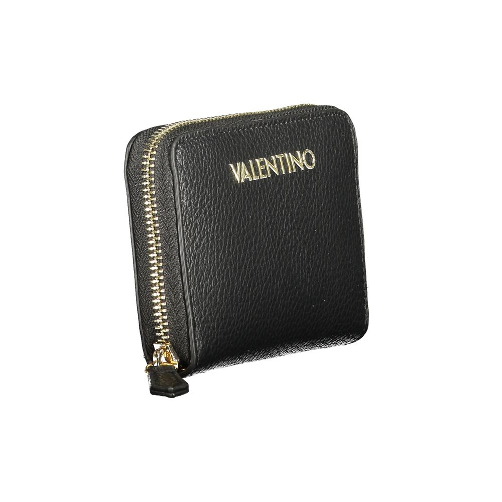 Mario Valentino Black Polyethylene Wallet with zip closure, showcasing logo, multiple compartments, and card spaces.