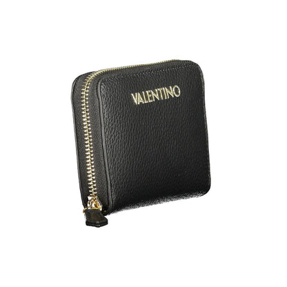 Mario Valentino Black Polyethylene Wallet with zip closure, showcasing logo, multiple compartments, and card spaces.