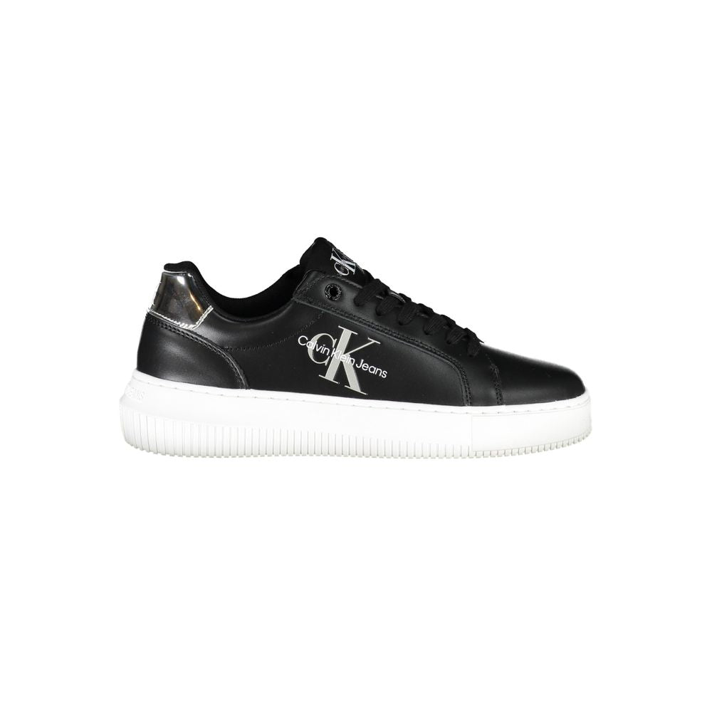 Calvin Klein Black Polyester Women Sneaker with logo and white sole, crafted from recycled materials for style-conscious trendsetters.