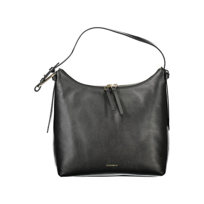 Coccinelle Black Leather Women Handbag with adjustable shoulder strap and secure zip closure, showcasing Italian craftsmanship.
