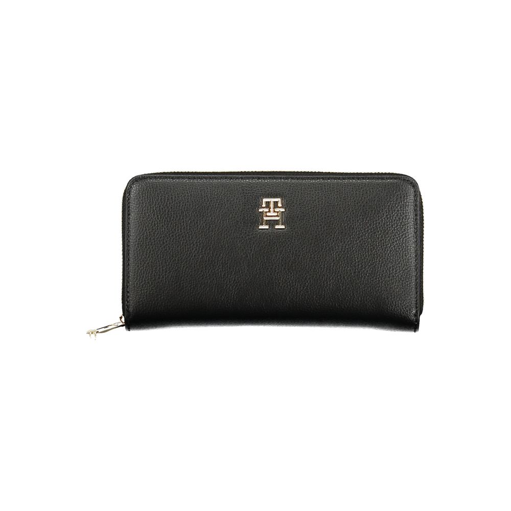 Tommy Hilfiger Black Polyethylene Women Wallet with iconic logo, compact design, and zip closure for secure style.