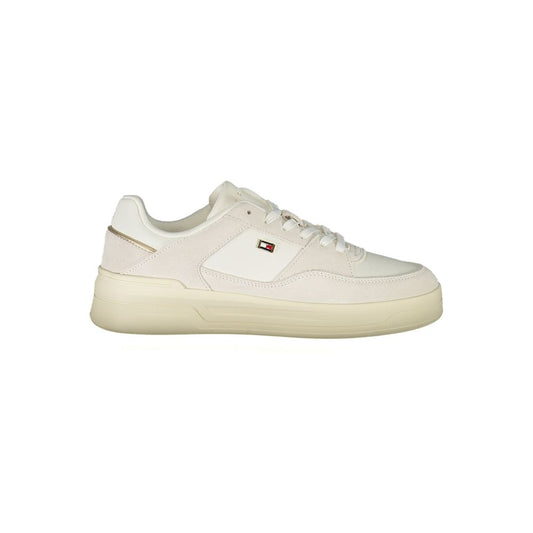 Tommy Hilfiger White Leather Women Sneaker with contrasting details, sporty aesthetic, and removable footbed for comfort.