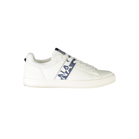 Napapijri White Leather Men Sneaker with bold contrasting logo, crafted from polyester and leather for style and comfort.