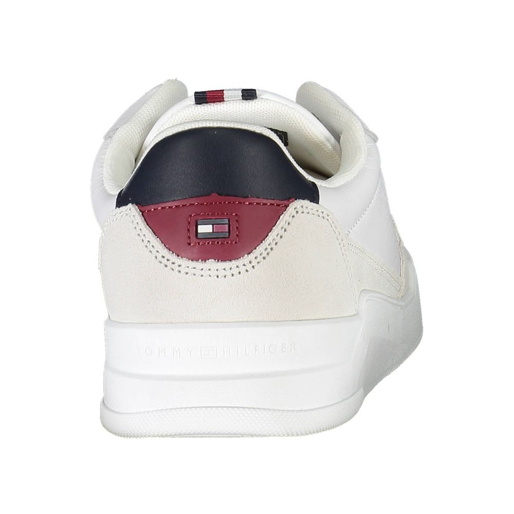 Rear view of Tommy Hilfiger White Polyester Men Sneaker with contrasting details and sustainable materials.