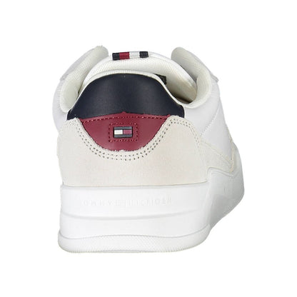 Rear view of Tommy Hilfiger White Polyester Men Sneaker with contrasting details and sustainable materials.