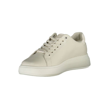 Calvin Klein Beige Leather Women Sneaker with iconic logo and contrasting details for style and comfort.
