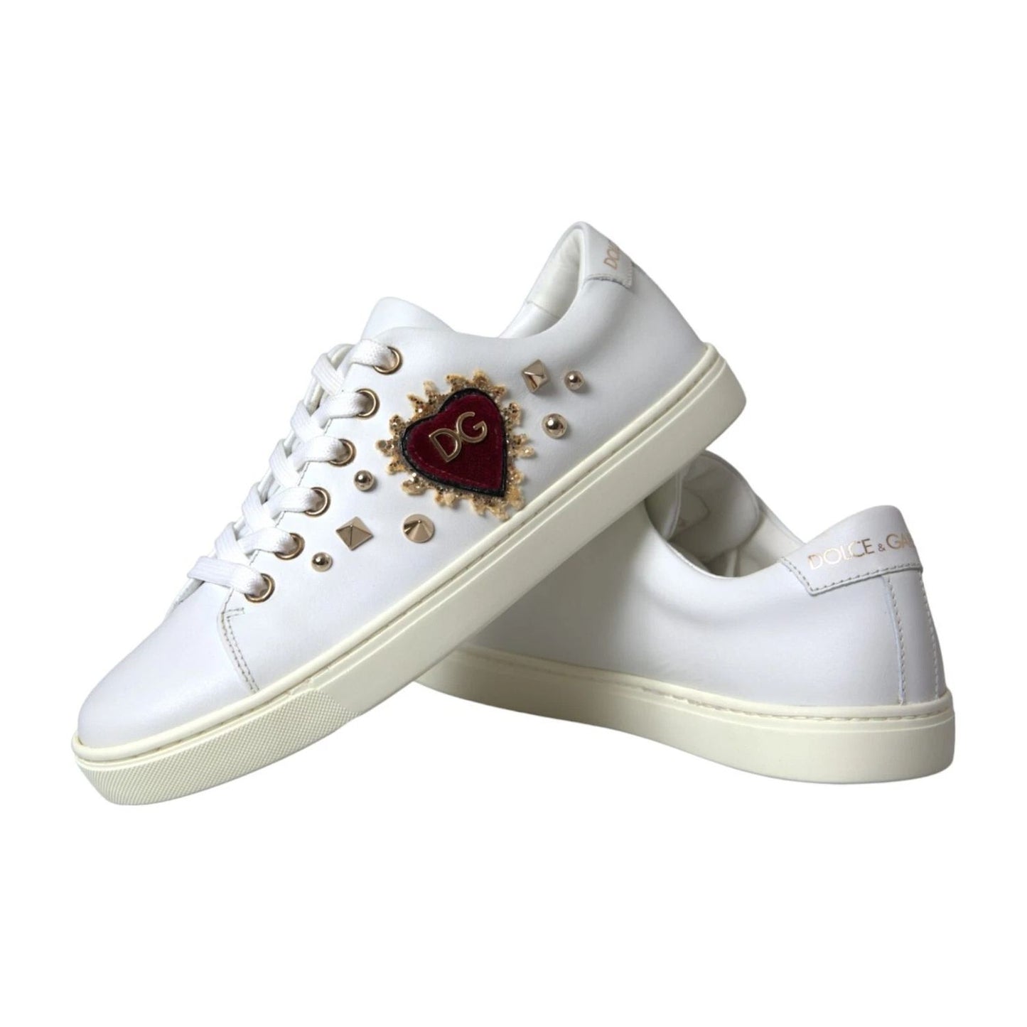 Dolce & Gabbana White Leather Gold Red Heart Sneakers Shoes