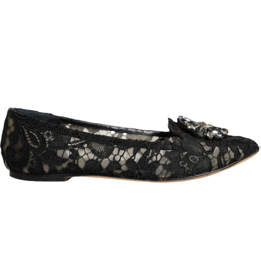 Dolce & Gabbana Black Lace Crystal Ballet Flats Loafer Shoes LA11414-35