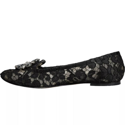 Dolce & Gabbana Black Lace Crystal Ballet Flats Loafer Shoes