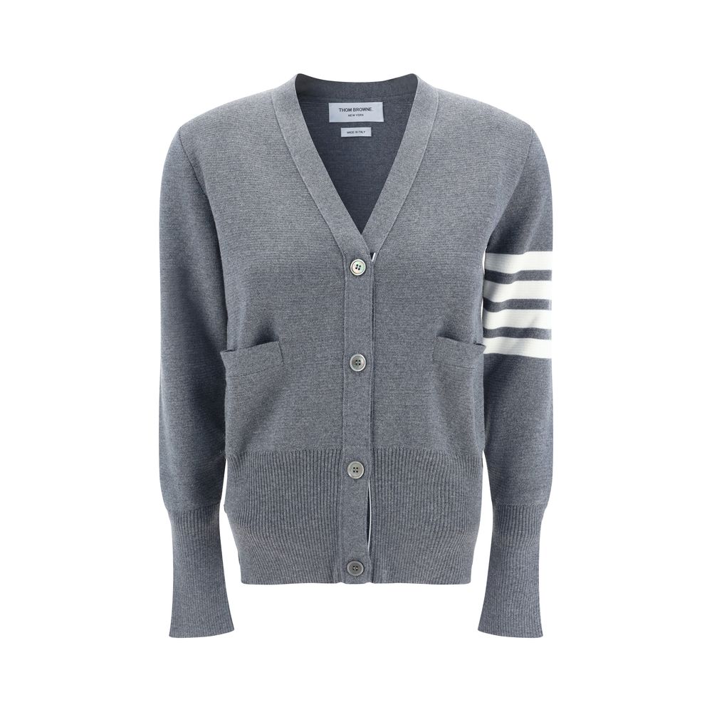 Thom Browne Gray Fleece Wool Cardigan, Merino wool with button front, V-neck, iconic brand bands, ribbed hem and cuffs, AW25 season
