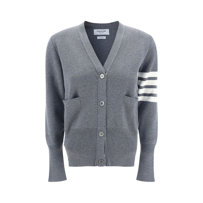 Thom Browne Gray Fleece Wool Cardigan, Merino wool with button front, V-neck, iconic brand bands, ribbed hem and cuffs, AW25 season