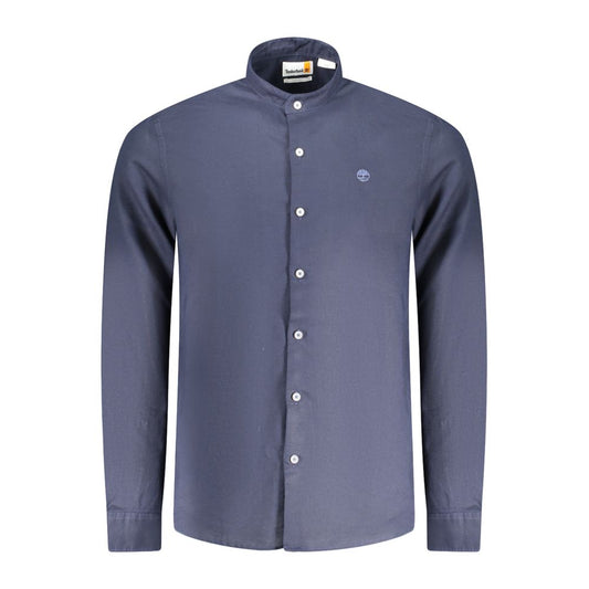 Timberland Blue Cotton Shirt, long sleeve, slim fit, mandarin collar, with buttons and embroidery logo.