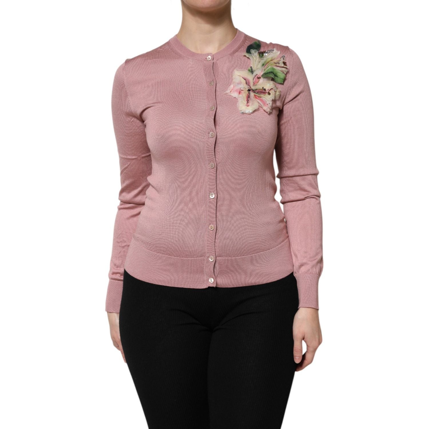 Dolce & Gabbana Pink Silk Knit Button Down Cardigan Sweater